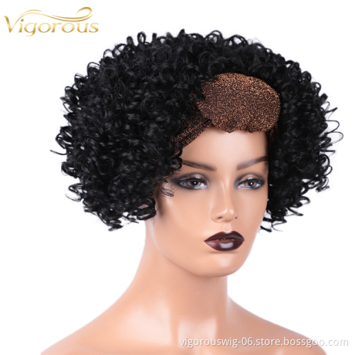 Wholesale Hair Ajustable Grip Cheap Full Attached Kinky Curly For White Black Women Brown Syntehtic Headband Wig